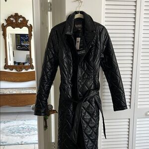 Badgley Mischka Black Quilted Belted Trench Coat with Notch Collar